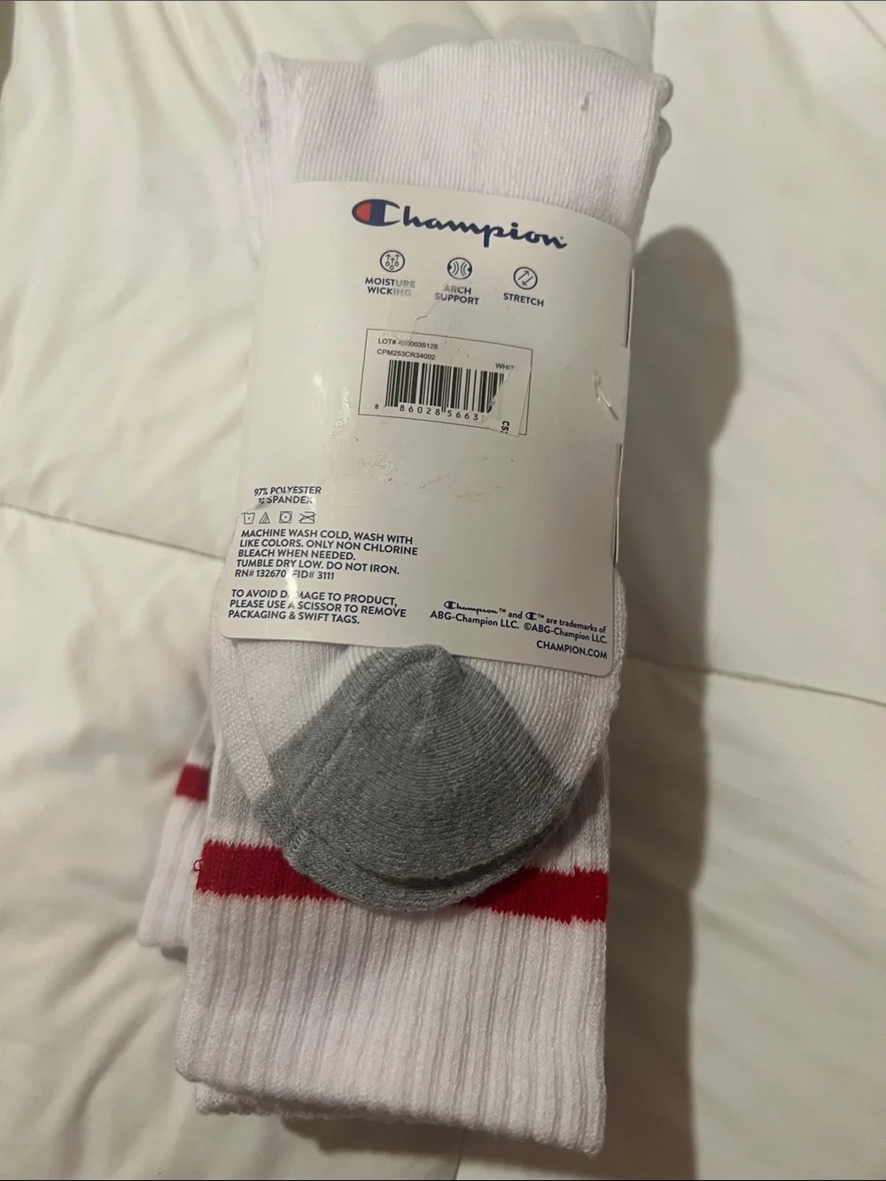 Champion White Crew Athletic Socks with Red /Blue Stripes and Navy Logo 5 pair
